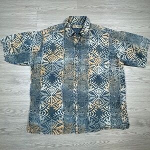 Johari West Men's Button Down Shirt Batik Tribal Print Blue Tan XL Short Sleeve